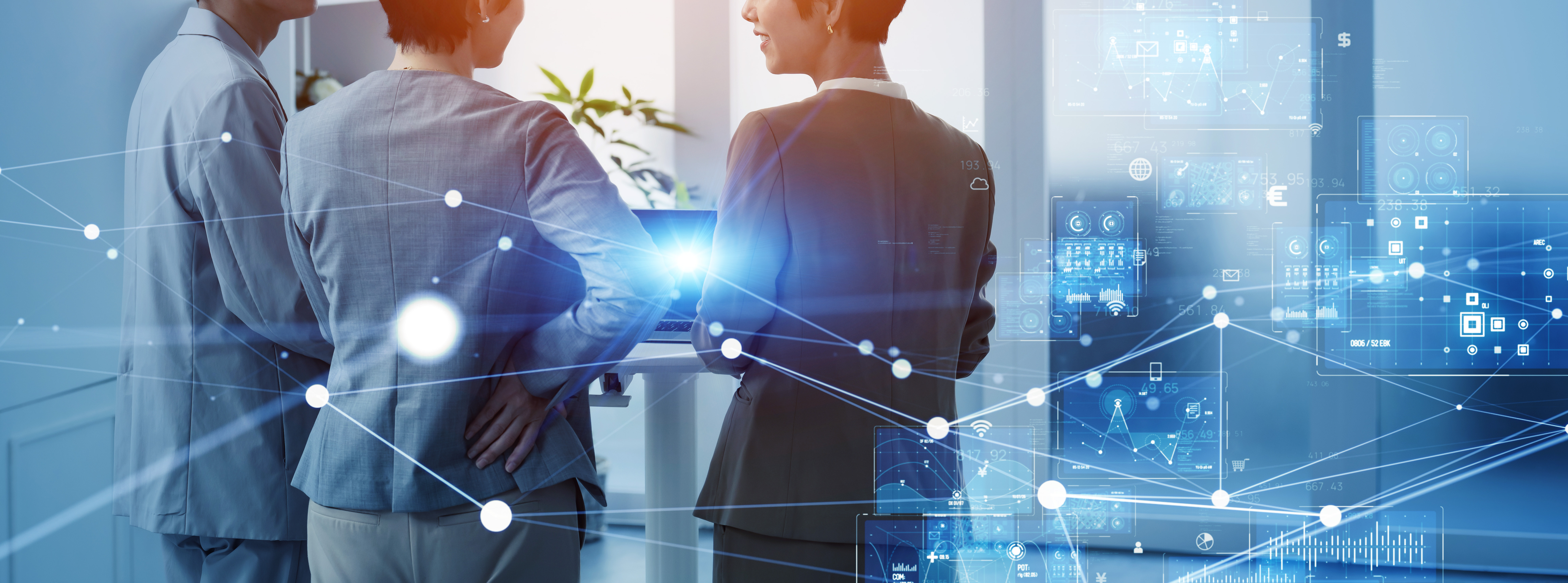 Business meeting with digital interface overlay representing enterprise collaboration